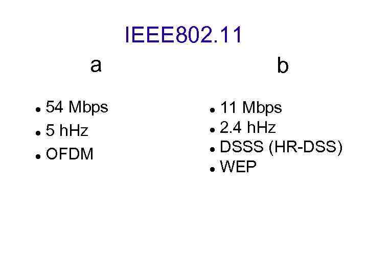 IEEE 802. 11 a b 54 Mbps 5 h. Hz OFDM 11 Mbps 2.