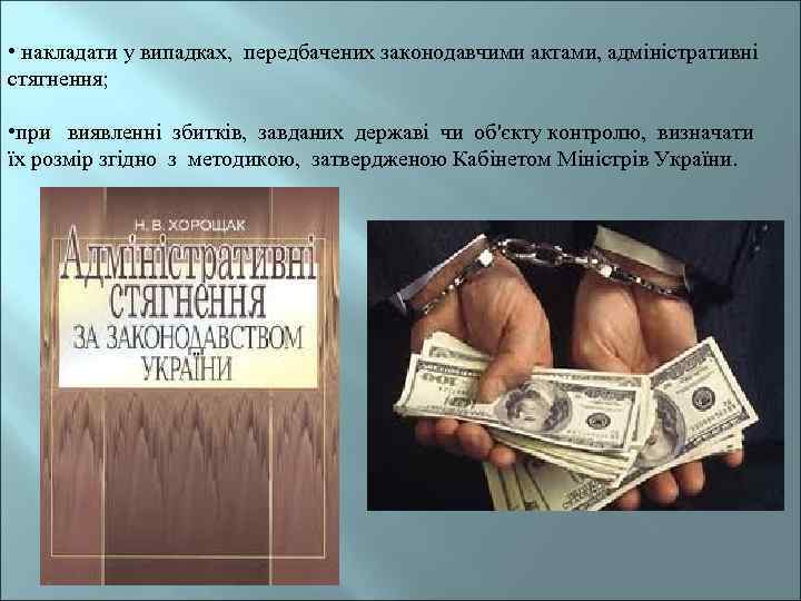  • накладати у випадках, передбачених законодавчими актами, адміністративні стягнення; • при виявленні збитків,