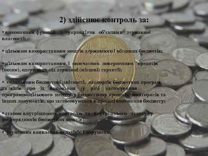 2) здійснює контроль за: • виконанням функцій з управління об'єктами державної власності; • цільовим