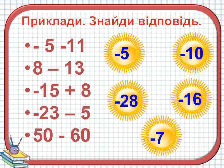 Приклади. Знайди відповідь. • - 5 -11 • 8 – 13 • -15 +