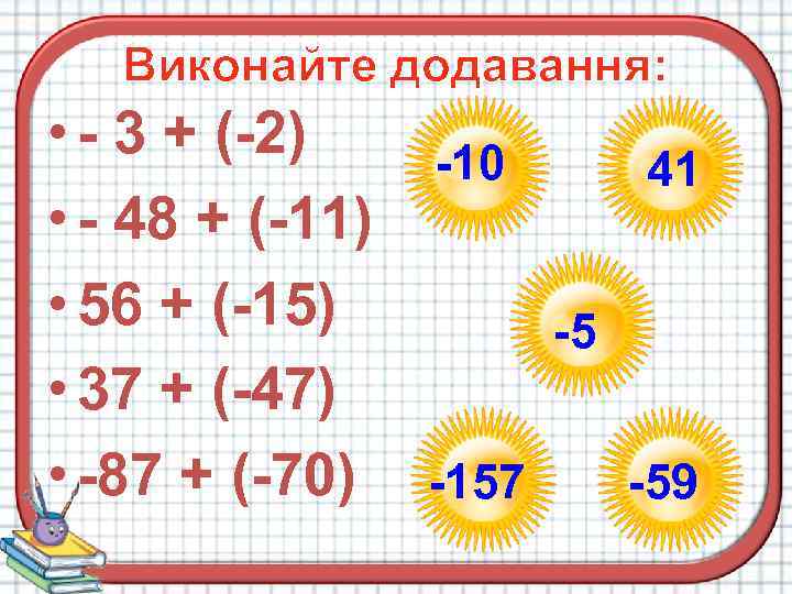 Виконайте додавання: • - 3 + (-2) -10 41 • - 48 + (-11)