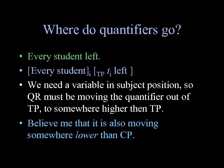 Where do quantifiers go? • Every student left. • [Every student]i [TP ti left