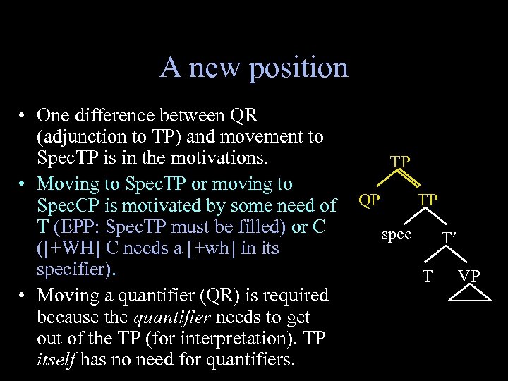 A new position • One difference between QR (adjunction to TP) and movement to