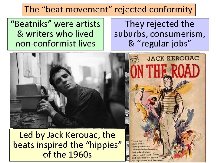 The “beat movement” rejected conformity “Beatniks” were artists They rejected the & writers who