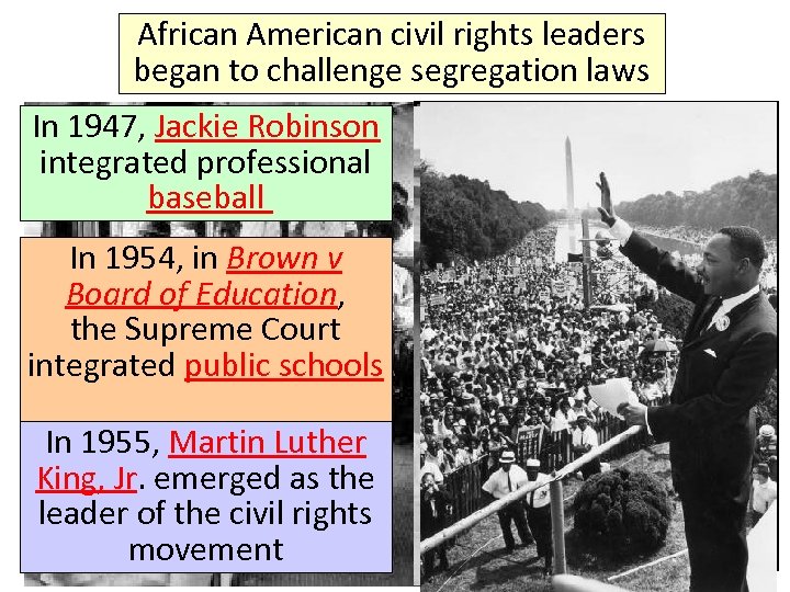 African American civil rights leaders began to challenge segregation laws In 1947, Jackie Robinson