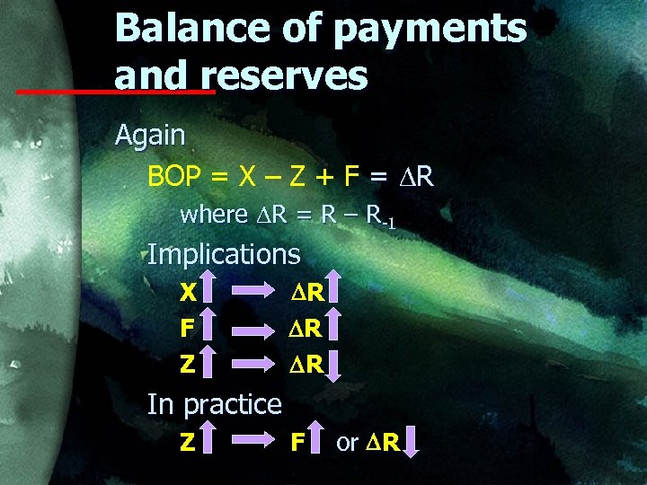 Balance of payments and reserves Again BOP = X – Z + F =