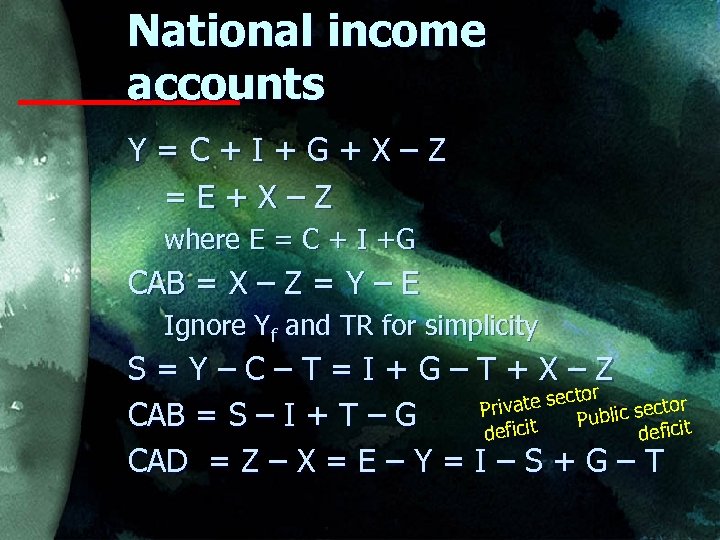 National income accounts Y=C+I+G+X–Z =E+X–Z where E = C + I +G CAB =