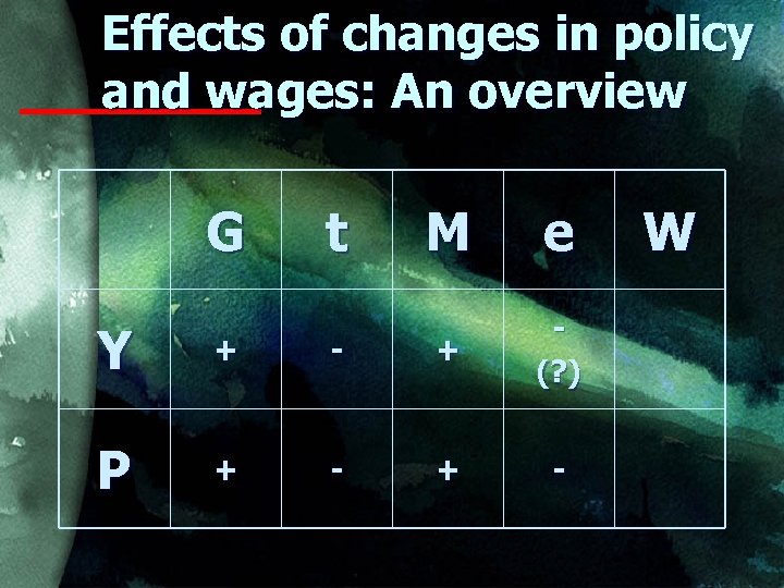 Effects of changes in policy and wages: An overview G t M e Y