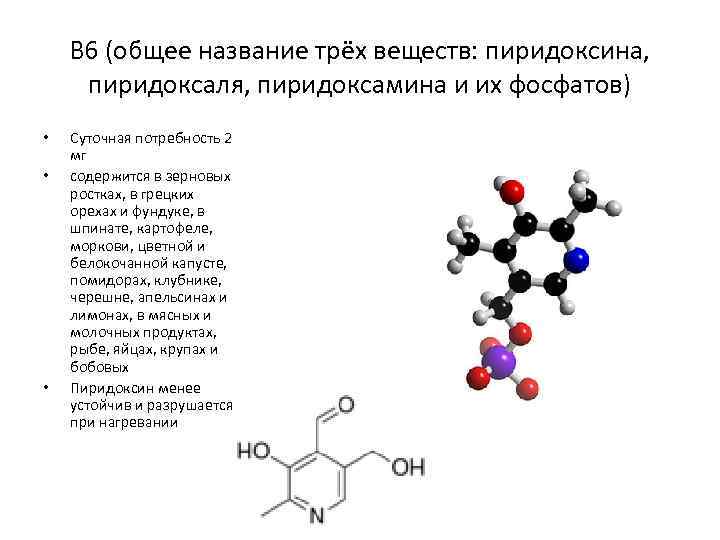 В 6 (общее название трёх веществ: пиридоксина, пиридоксаля, пиридоксамина и их фосфатов) • •