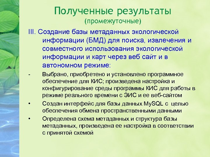 Полученные результаты (промежуточные) III. Создание базы метаданных экологической информации (БМД) для поиска, извлечения и