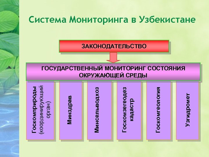 Система Мониторинга в Узбекистане ЗАКОНОДАТЕЛЬСТВО Узгидромет Госкомгеология Госкомзегеодез кадастр Минсельводхоз Минздрав Госкомприроды (координирующий орган)