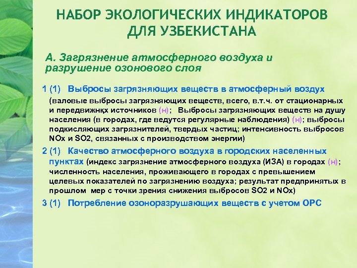 НАБОР ЭКОЛОГИЧЕСКИХ ИНДИКАТОРОВ ДЛЯ УЗБЕКИСТАНА А. Загрязнение атмосферного воздуха и разрушение озонового слоя 1