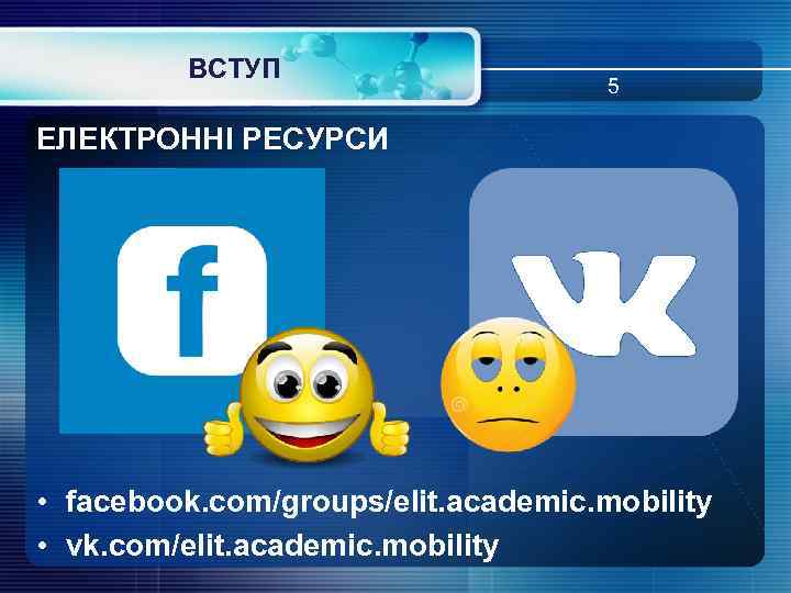 ВСТУП 5 ЕЛЕКТРОННІ РЕСУРСИ • facebook. com/groups/elit. academic. mobility • vk. com/elit. academic. mobility