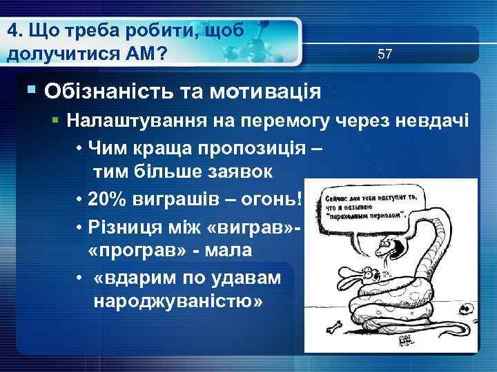 4. Що треба робити, щоб долучитися АМ? 57 § Обізнаність та мотивація § Налаштування