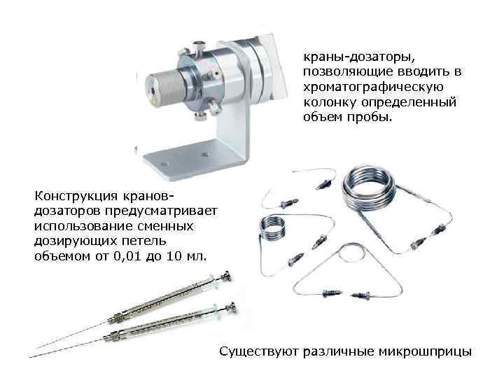 краны-дозаторы, позволяющие вводить в хроматографическую колонку определенный объем пробы. Конструкция крановдозаторов предусматривает использование сменных