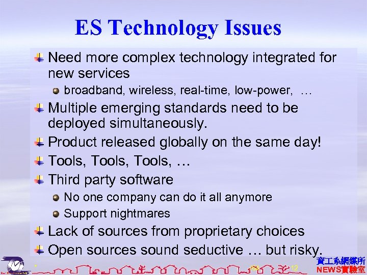 ES Technology Issues Need more complex technology integrated for new services broadband, wireless, real-time,
