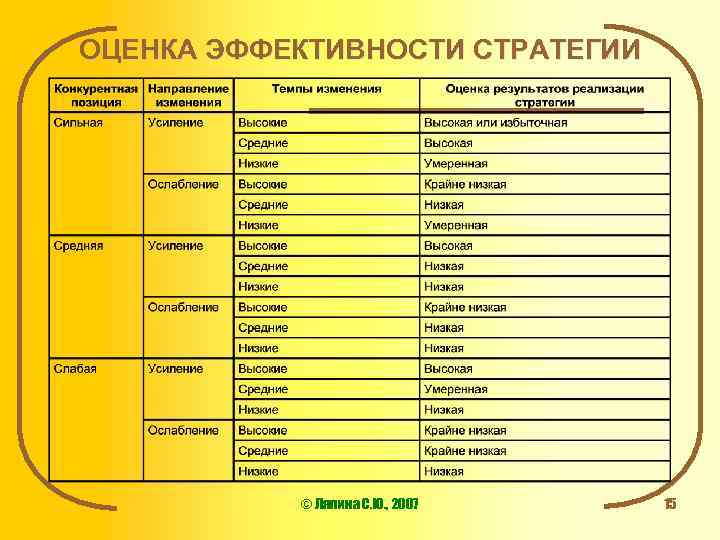ОЦЕНКА ЭФФЕКТИВНОСТИ СТРАТЕГИИ © Ляпина С. Ю. , 2007 15 