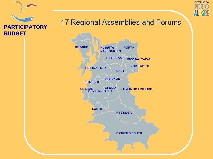 PARTICIPATORY BUDGET 17 Regional Assemblies and Forums ISLANDS HUMAITÁNORTH NAVEGANTES NORTHEAST CENTRAL CITY CRUZEIRO