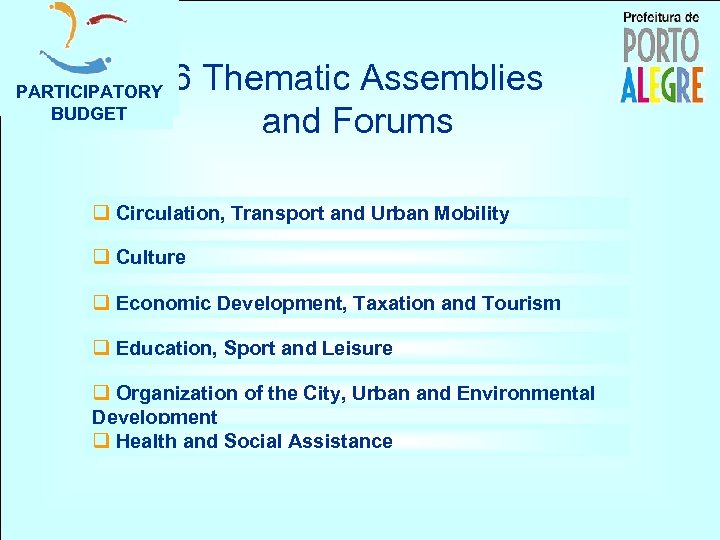 PARTICIPATORY BUDGET 6 Thematic Assemblies and Forums q Circulation, Transport and Urban Mobility q