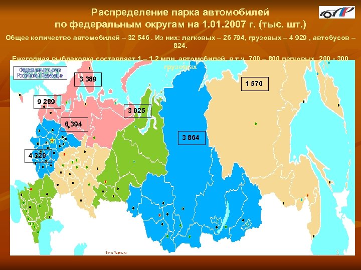 Распределение парка автомобилей по федеральным округам на 1. 01. 2007 г. (тыс. шт. )