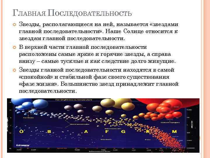 ГЛАВНАЯ ПОСЛЕДОВАТЕЛЬНОСТЬ Звезды, располагающиеся на ней, называется «звездами главной последовательности» . Наше Солнце относится