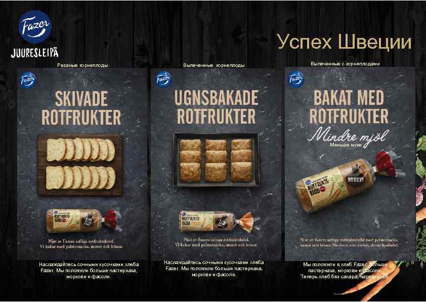 Успех Швеции Резаные корнеплоды Выпеченные с корнеплодами Меньше муки Наслаждайтесь сочными кусочками хлеба Fazer.