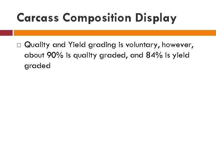 Carcass Composition Display Quality and Yield grading is voluntary, however, about 90% is quality