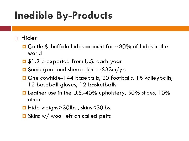 Inedible By-Products Hides Cattle & buffalo hides account for ~80% of hides in the