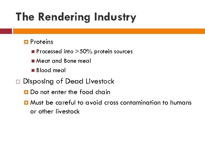 The Rendering Industry Proteins Processed into >50% protein sources Meat and Bone meal Blood