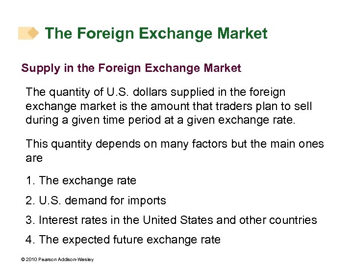 The Foreign Exchange Market Supply in the Foreign Exchange Market The quantity of U.