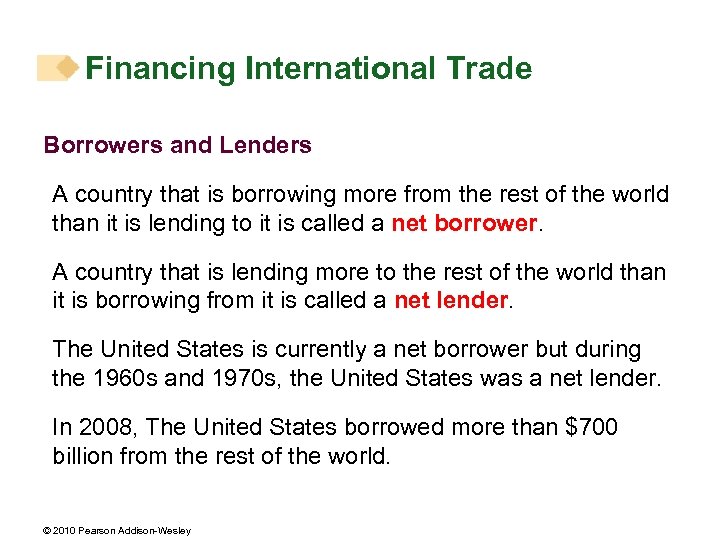 Financing International Trade Borrowers and Lenders A country that is borrowing more from the