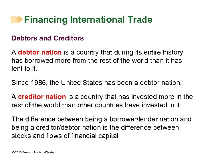 Financing International Trade Debtors and Creditors A debtor nation is a country that during