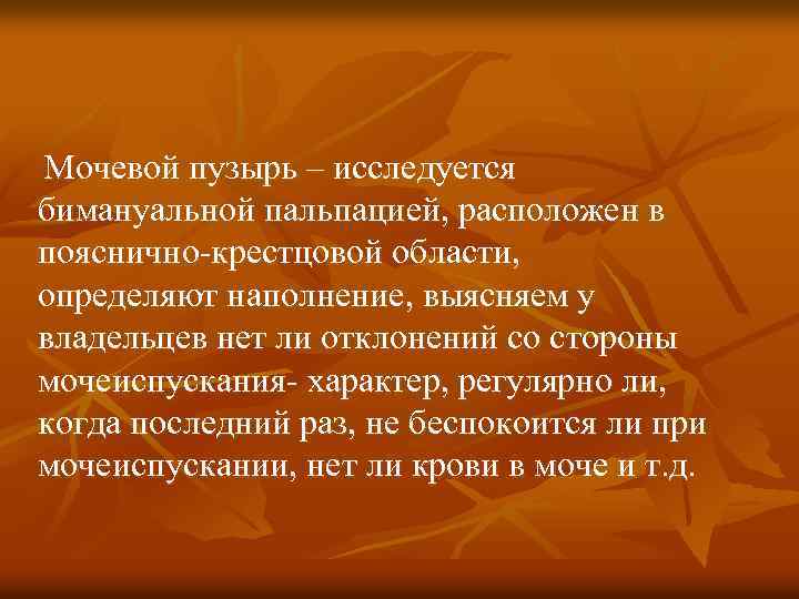 Мочевой пузырь – исследуется бимануальной пальпацией, расположен в пояснично-крестцовой области, определяют наполнение, выясняем у