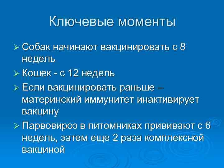 Ключевые моменты Ø Собак начинают вакцинировать с 8 недель Ø Кошек - с 12