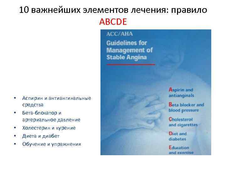 10 важнейших элементов лечения: правило АВСDE • • • Аспирин и антиангинальные средства Бета-блокатор