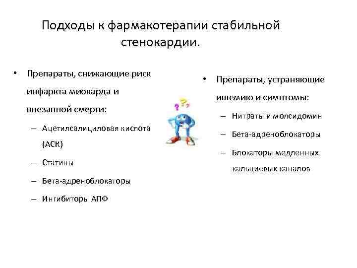 Подходы к фармакотерапии стабильной стенокардии. • Препараты, снижающие риск инфаркта миокарда и внезапной смерти: