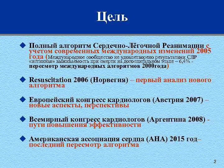 Цель u Полный алгоритм Сердечно-Лёгочной Реанимации с учетом современных международных изменений 2005 года (Международное