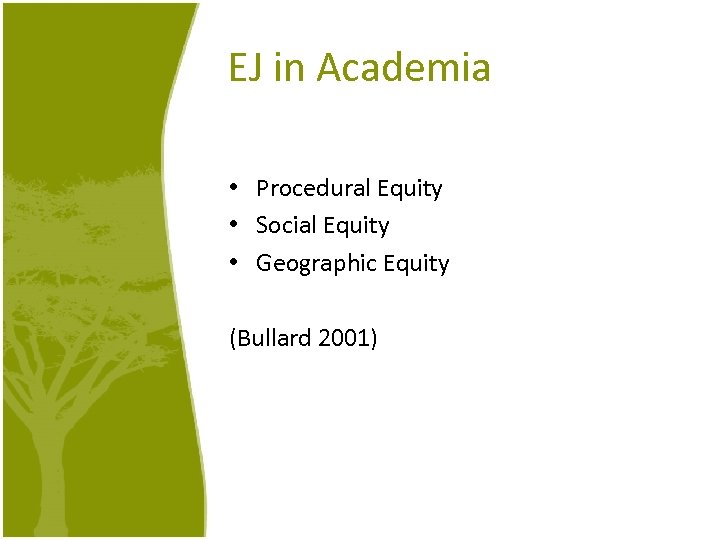 EJ in Academia • Procedural Equity • Social Equity • Geographic Equity (Bullard 2001)