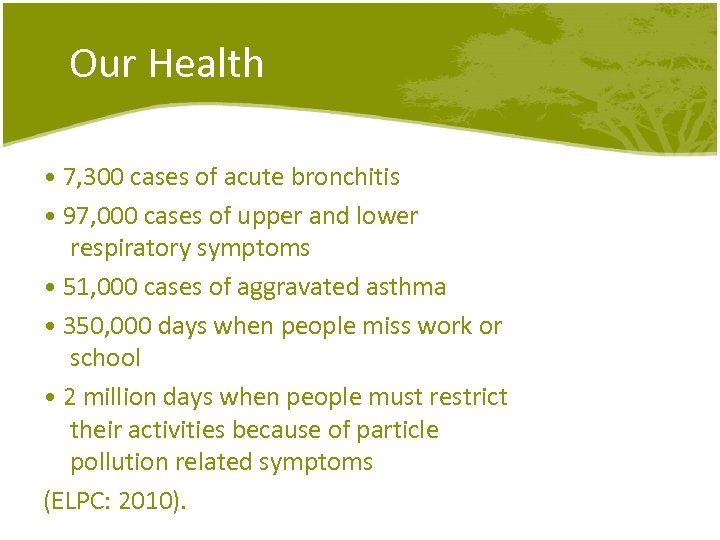 Our Health • 7, 300 cases of acute bronchitis • 97, 000 cases of