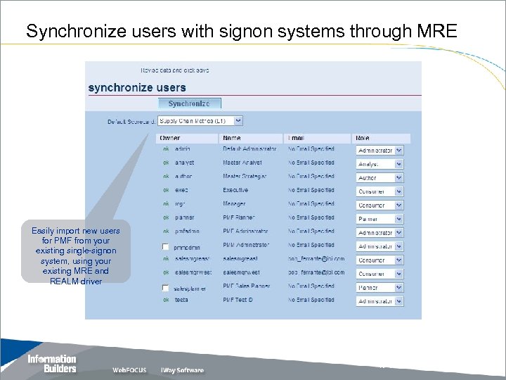 Synchronize users with signon systems through MRE Easily import new users for PMF from