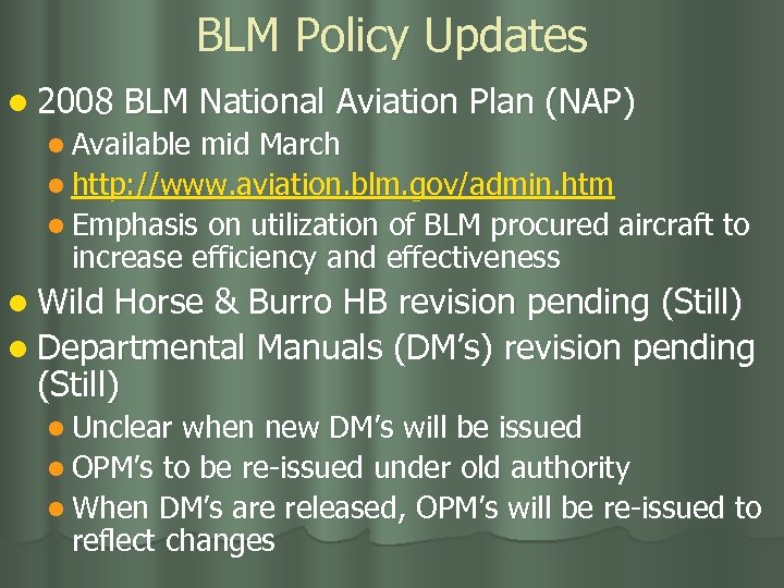 BLM Policy Updates l 2008 BLM National Aviation Plan (NAP) l Available mid March