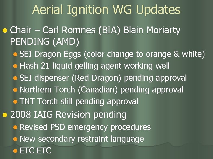 Aerial Ignition WG Updates l Chair – Carl Romnes (BIA) Blain Moriarty PENDING (AMD)