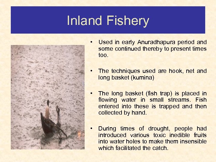 Inland Fishery • Used in early Anuradhapura period and some continued thereby to present