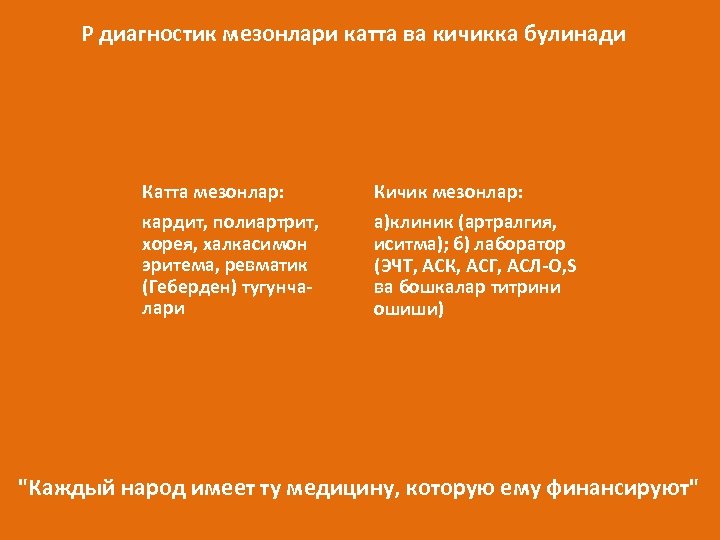 Р диагностик мезонлари катта ва кичикка булинади Катта мезонлар: Кичик мезонлар: кардит, полиартрит, хорея,