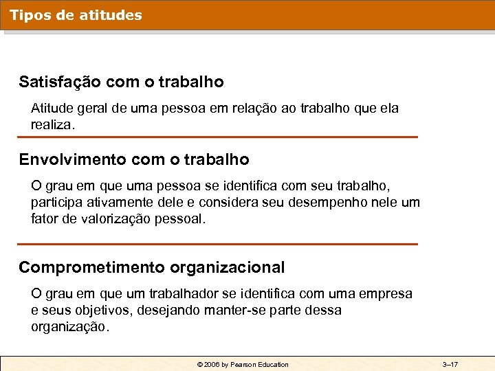 Tipos de atitudes Satisfação com o trabalho Atitude geral de uma pessoa em relação