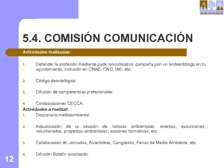 5. 4. COMISIÓN COMUNICACIÓN Actividades realizadas: 1. Defender la profesión mediante pack reivindicativo: campaña