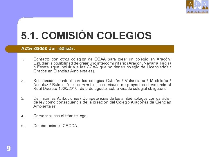 5. 1. COMISIÓN COLEGIOS Actividades por realizar: 1. 2. Suscripción puntual con los colegios