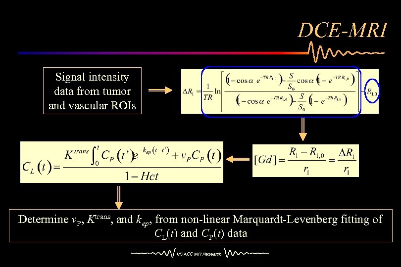 DCE-MRI Signal intensity data from tumor and vascular ROIs Determine v. P, Ktrans, and