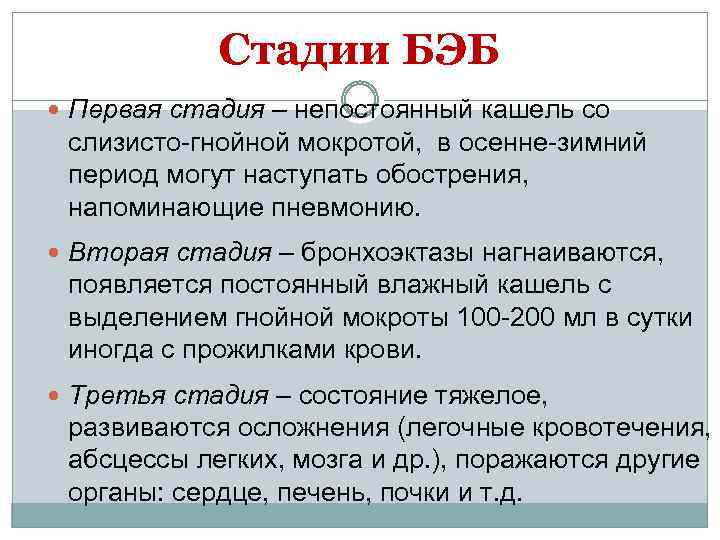 Часто выделяемый. Мокрота при бронхоэктатической болезни. Стадии Бэб.