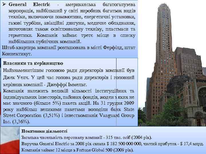 Ø General Electric - американська багатогалузева корпорація, найбільший у світі виробник багатьох видів техніки,